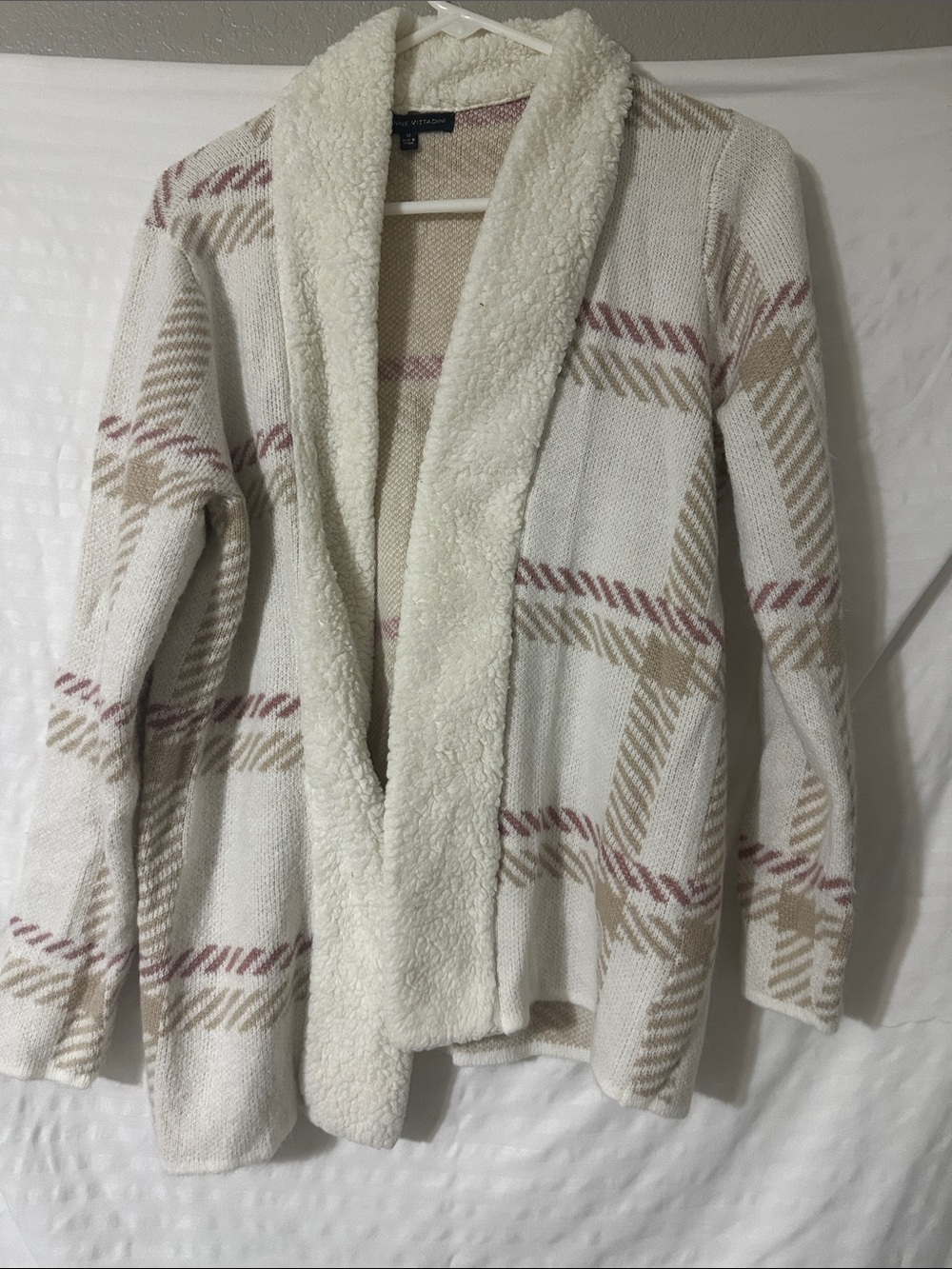 Adrienne Vittadini Cream Plaid Sherpa-Trim Open Cardigan